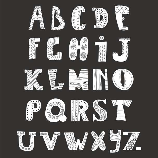 Doodle alphabet on black background. Cute hand drawn letters - Vektor, obrázek