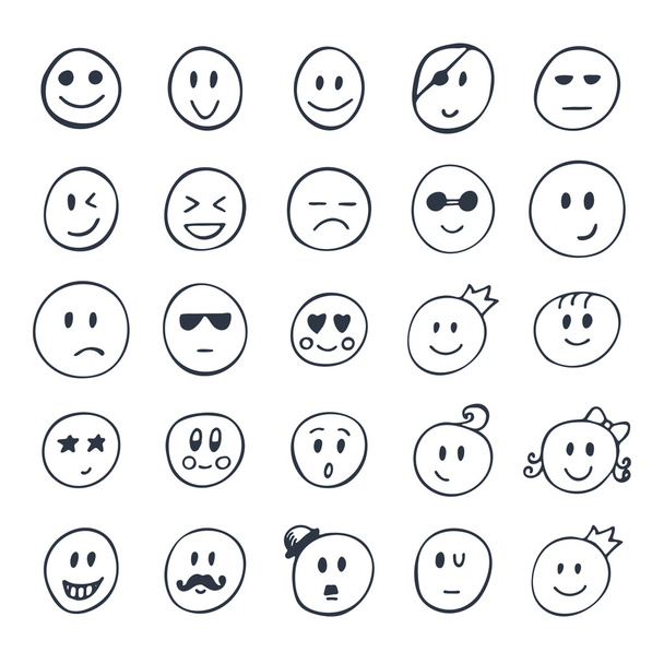 Набор нарисованных вручную смайликов, смешных лиц с разными выражениями
 - Вектор,изображение