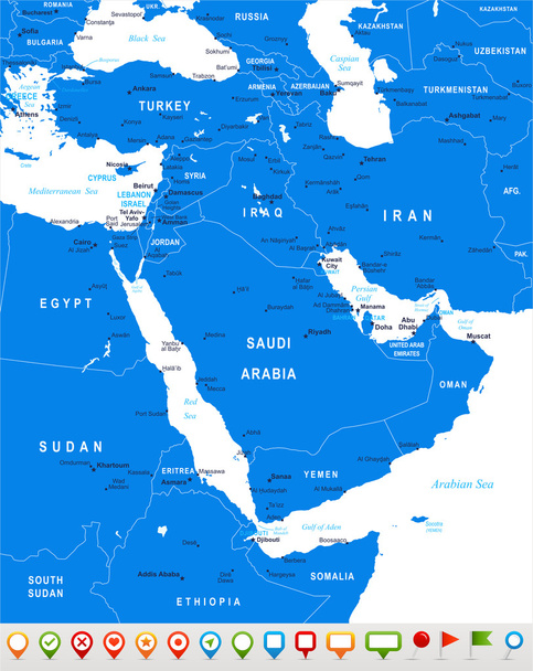 Μέση Ανατολή και την Ασία - Χάρτης και πλοήγησης εικόνες - εικονογράφηση. - Διάνυσμα, εικόνα