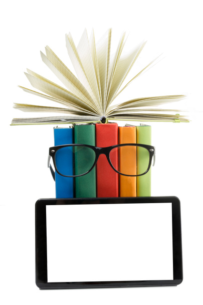 Stack of colorful books and electronic book reader. Back to school - Φωτογραφία, εικόνα