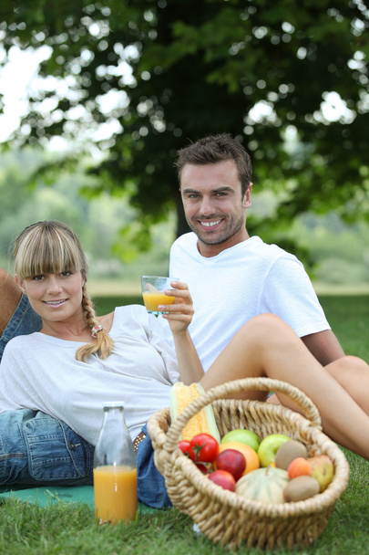Couple with fruit basket in field - Фото, зображення