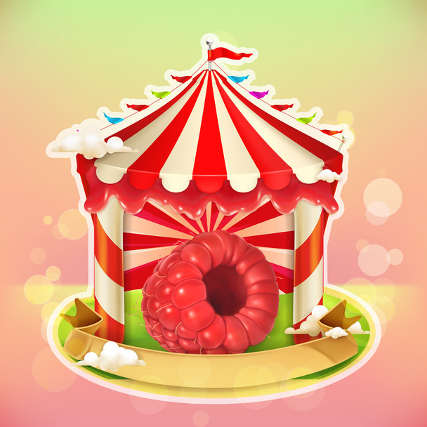 Cartel de mermelada de frutas frambuesas, emblema de dulces, feria agrícola especializada
 - Vector, Imagen