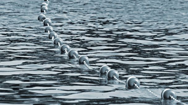 Boyas atadas por una cuerda a lo largo del lago para crear una zona de baño segura para los nadadores
 - Foto, Imagen