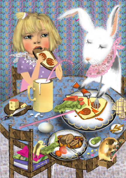 Menina bonito comer ao lado de um coelho de brinquedo
 - Foto, Imagem