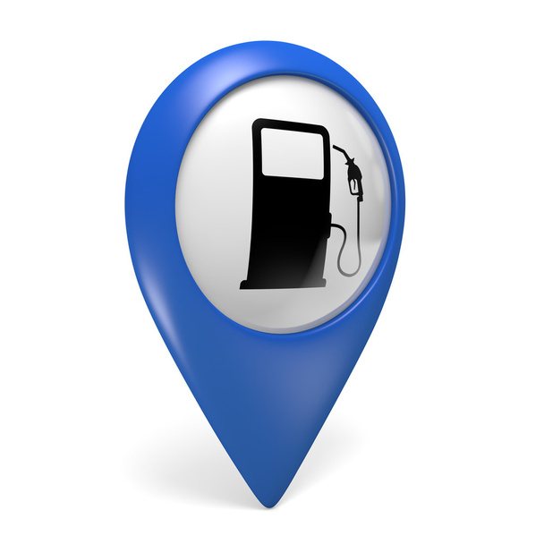 Blue map pointer 3D icon with a fuel pump symbol for gas stations - Photo, Image