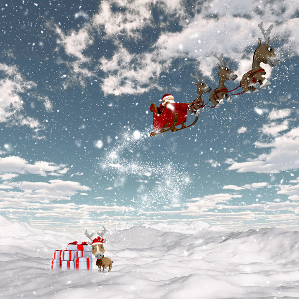 Снежный пейзаж с Сантой и его оленями
 - Фото, изображение