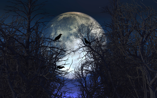 Жуткий фон с воронами на деревьях против лунного неба
 - Фото, изображение