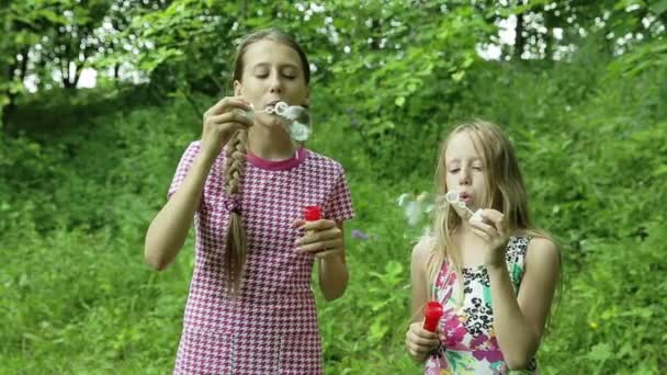 Młode dziewczyny dmuchanie baniek mydlanych odkryty - Materiał filmowy, wideo