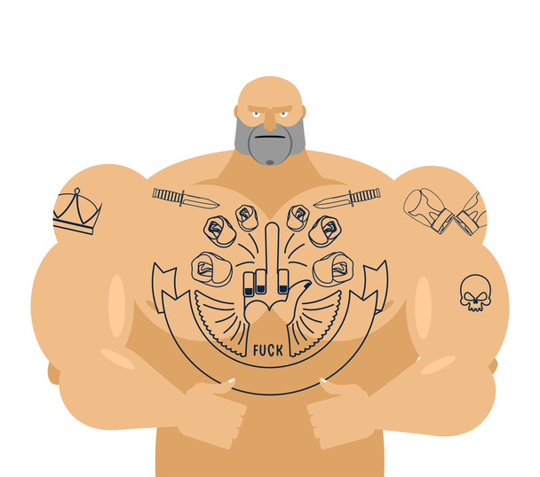 Man tattoos "fuck". Bandit with big muscles. Strong and angry ma - Vector, Imagen