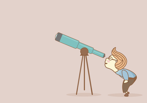 Chico curioso, agachándose, mirando a través de un telescopio a algo interesante
 - Vector, Imagen