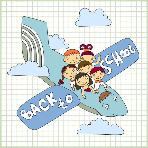 Crianças em idade escolar voam em um avião
 - Vetor, Imagem