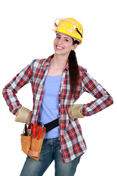 Happy female woodworker - Zdjęcie, obraz