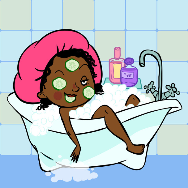 kreskówka ciemny dziewczynka w kąpieli. Ilustracja wektorowa - Wektor, obraz