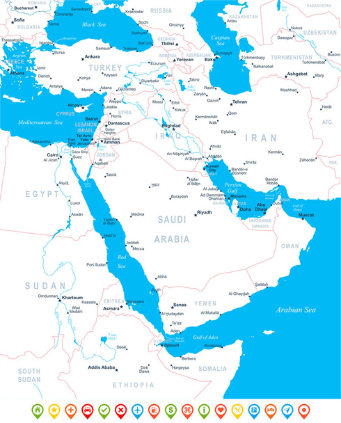 Μέση Ανατολή και την Ασία - χάρτη, τα εικονίδια πλοήγησης - εικονογράφηση. - Διάνυσμα, εικόνα