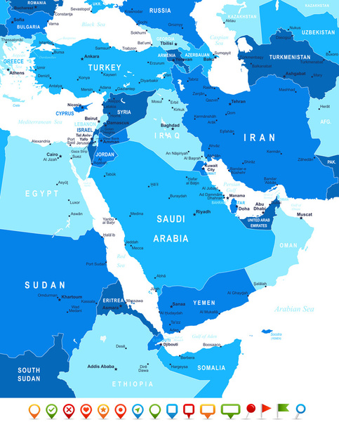 Μέση Ανατολή και την Ασία - Χάρτης και πλοήγησης εικόνες - εικονογράφηση. - Διάνυσμα, εικόνα