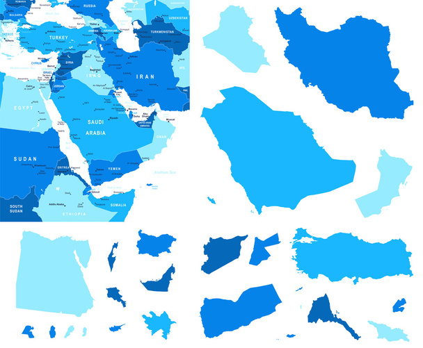 Střední východ mapu a země kontury - ilustrace. - Vektor, obrázek