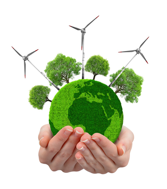 Зеленая планета с деревьями и ветряками в руках
 - Фото, изображение