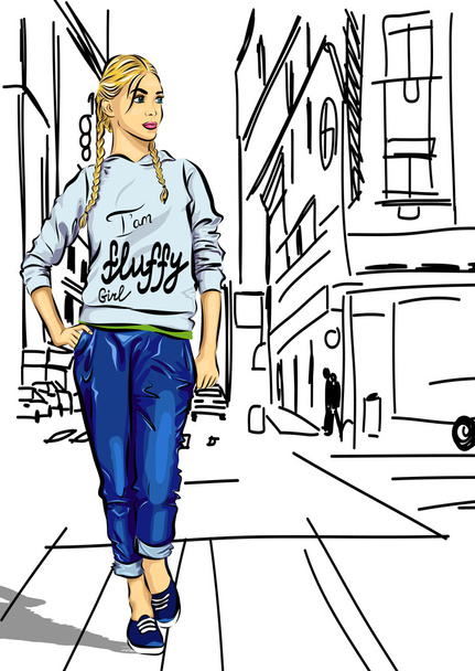 Menina de moda sexy em estilo esboço em uma cidade-fundo. Coloque para o seu texto. Vetor
 - Vetor, Imagem