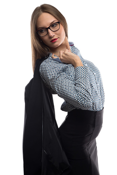 Image of business woman holding black jacket - Foto, afbeelding