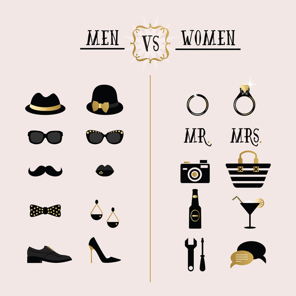 Czarny i złoty hipster kobiety Vs mężczyźni akcesoria i ikony designu na różowym tle - Wektor, obraz