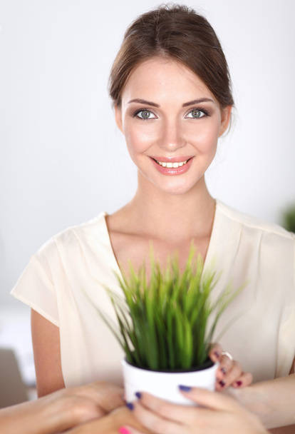 Beautiful woman holding pot with a plant, standing - Foto, afbeelding