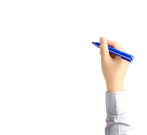 Hand of young business man writing with blue pen maker isolate o - Photo, Image