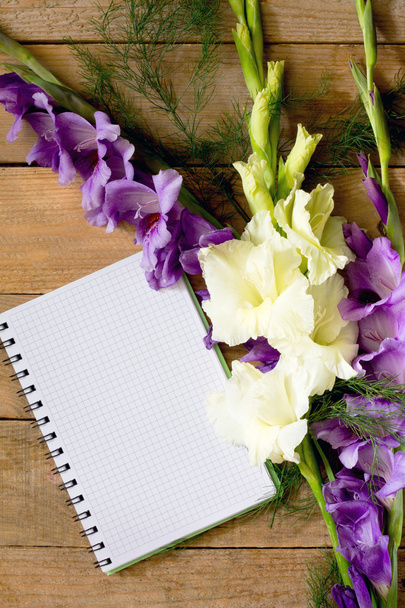 Virágok kék és fehér kardvirág, a notebook - Fotó, kép