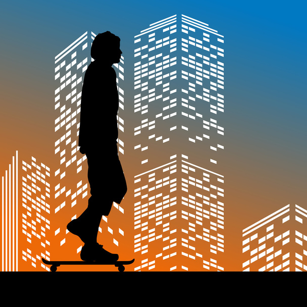 silueta skateboardista na pozadí mrakodrapů - Vektor, obrázek