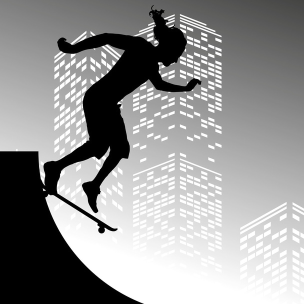 silhouette di skateboarder su sfondo grattacieli
 - Vettoriali, immagini