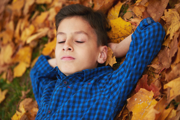 boy lying in autumn leaves - Fotó, kép