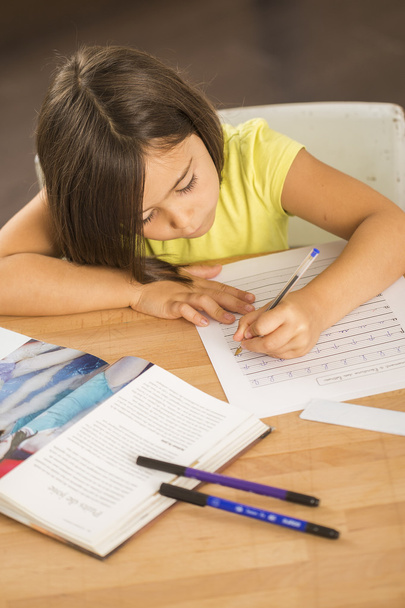 Portrait of little girl doing homework ar table - Valokuva, kuva