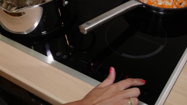 A mulher pressiona os botões no fogão da cozinha
 - Filmagem, Vídeo