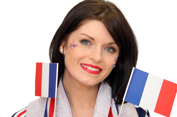 Woman waving French flags - Zdjęcie, obraz