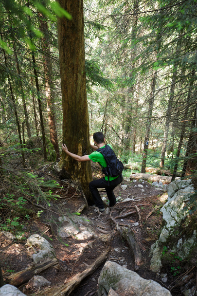 boy holding on a tree on a steep descent - Foto, Imagen