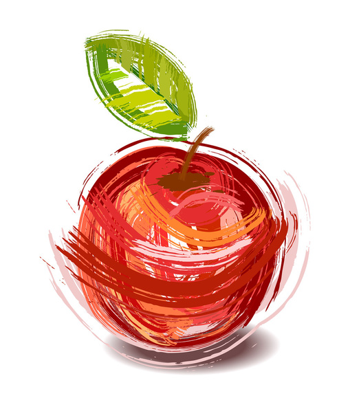 Рисунок красного яблока с зеленым листом - эскиз
 - Вектор,изображение