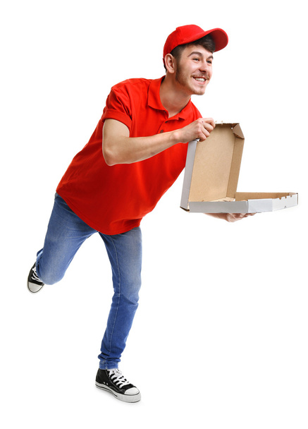 Delivery boy with cardboard pizza - Fotoğraf, Görsel