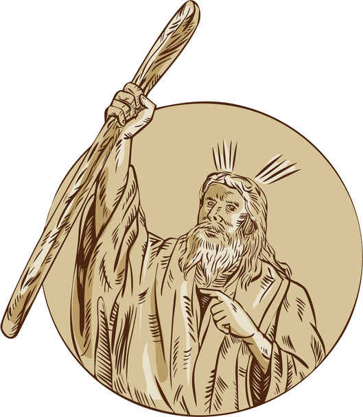 Moses emelése személyzet kör rézkarc - Vektor, kép