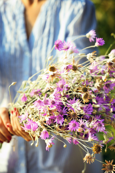 Female hands with bouquet of wildflowers - Фото, зображення