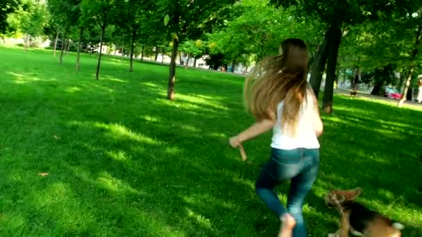 young woman jogging with her beagle dog in summer day. Slow motion - Séquence, vidéo