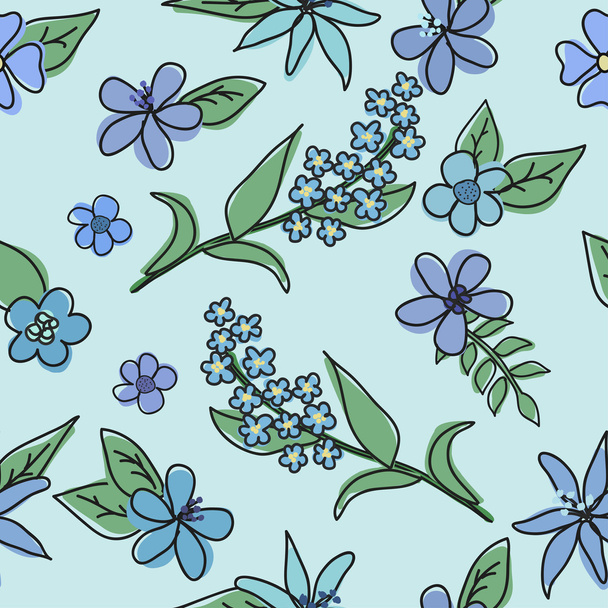 Pattern of blue flowers with a black outline - Vetor, Imagem