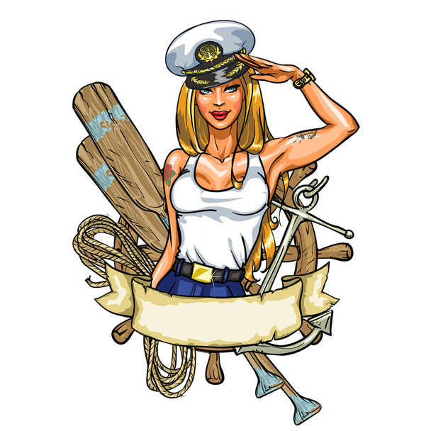 Sexy Pin Up marynarz dziewczynka etykieta - Wektor, obraz