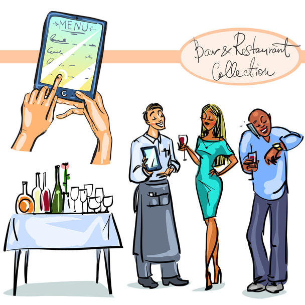 バーとレストランのコレクション - 手描きのシーン。セット 2 - ベクター画像