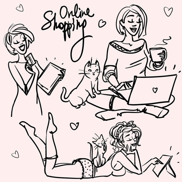 Щасливі жінки купують онлайн
 - Вектор, зображення
