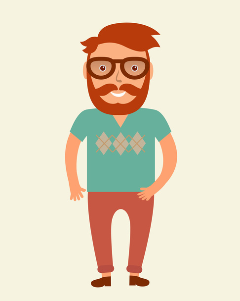 Hipster man. Flat style young beard man illustration. Smiling man in tshirt and chino pants. - Вектор, зображення