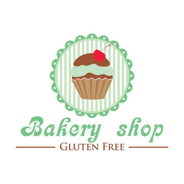 Gluten free bakery shop logo. Cute cupcake on striped background, retro style badge. - Wektor, obraz