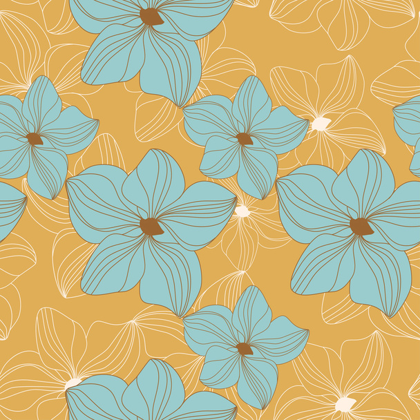 retro nahtloses Muster mit blauen Orchideenblüten auf gelbem Hintergrund - Vektor, Bild