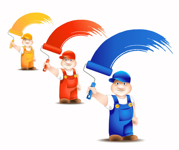 Worker cartoon with platen dyes surface - set - Vector, Image
