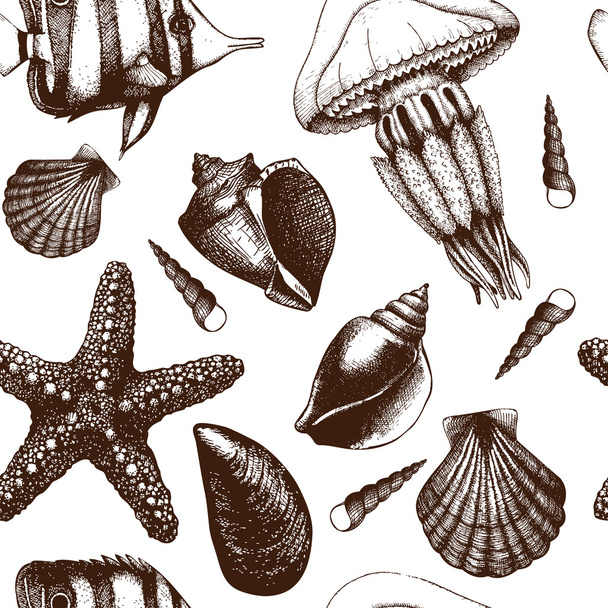 Pattern with fishes, sea shells, sea stars and jellyfishes - Vector, afbeelding