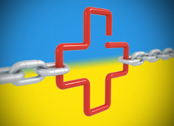 Червоний символ хреста зв'язку, замкнений металевими ланцюгами ізольовано
 - Фото, зображення