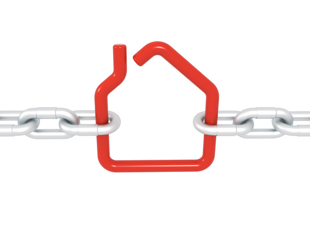 Rotes Haussymbol mit Metallketten blockiert  - Foto, Bild